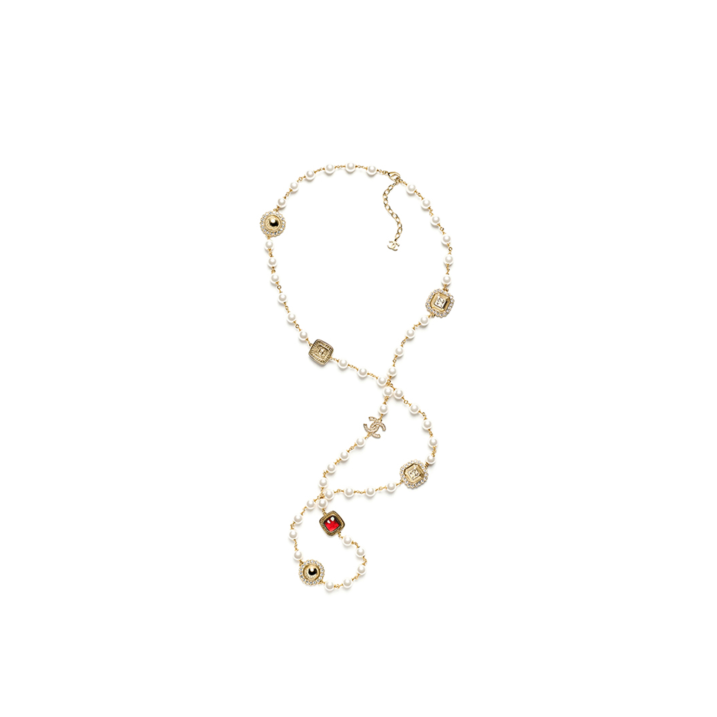 Ch**el long necklace metal, glass pearls & diamantÉs gold, red, pearly white & crystal abg681